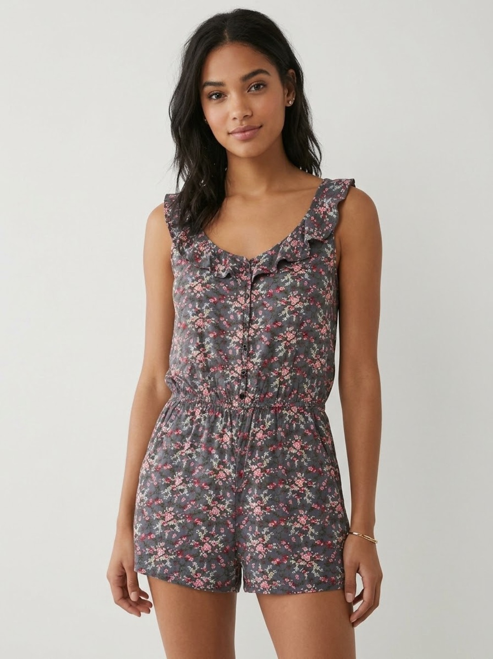 Forever 21 Charcoal Gray Floral Ruffle Romper with Pink Accents
